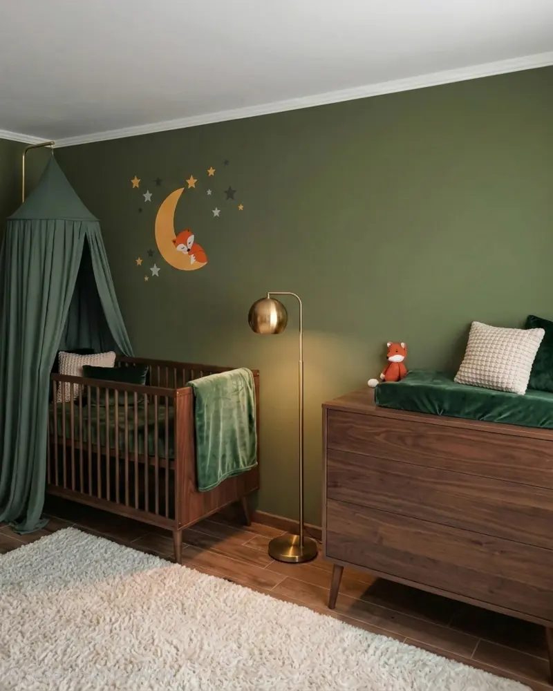 Behangsticker slapend vosje op de maan okergeel in een donkergroene chique babykamer